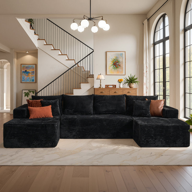 Navarrie Boneless 134" U-Shaped Sectional, No Assembly Required Compression Sofa with Dual Chaises, Black