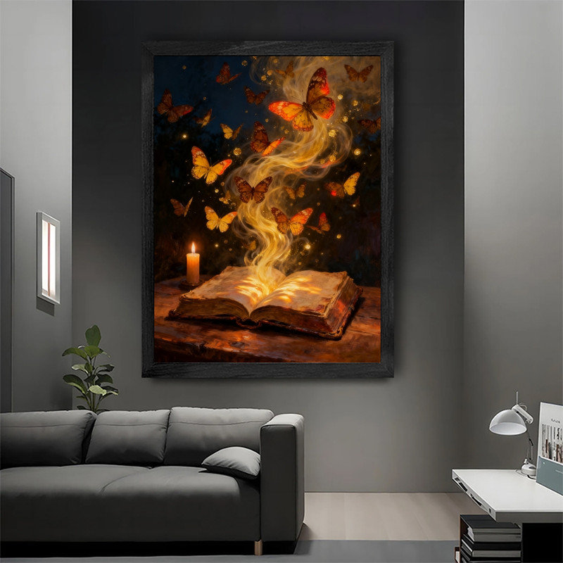 Reproduction d'art encadré noir avec papillon doré et livre mystique, H 17 po x l 13 po