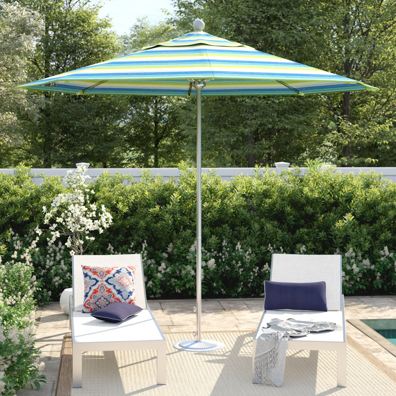 Parasol de marché 9 pi Hibo, Sunbrella® bord de mer Séville rayé