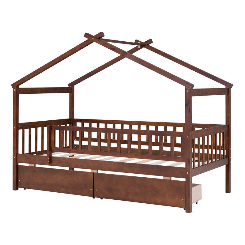 Lit double en bois avec deux tiroirs, Noyer, Lit simple