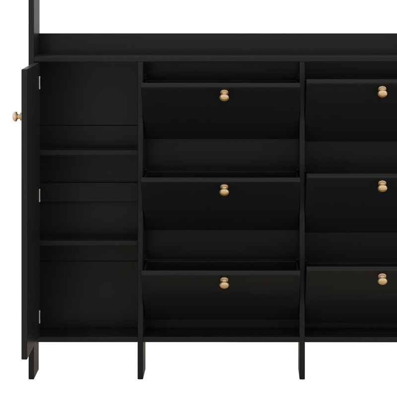 3-Tier Shoe Cabinet With 6 Flip Drawers And Storage Shelf, Entryway Hall Tree With Tempered Glass Doors And 4 Hooks, Black