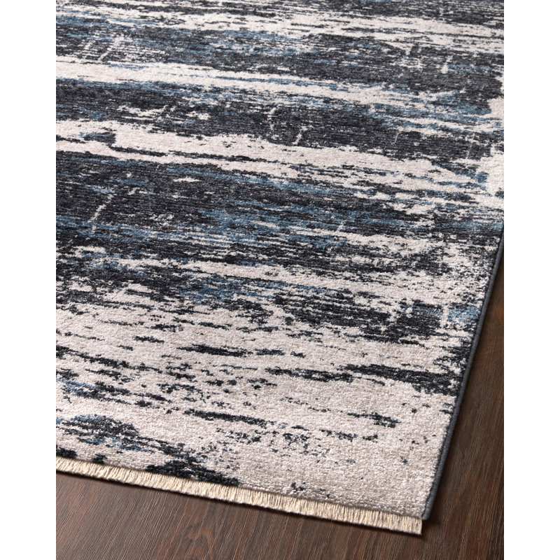 Charcoal Black and Steel Blue Abstract Fringe Rug - 27" x 46"