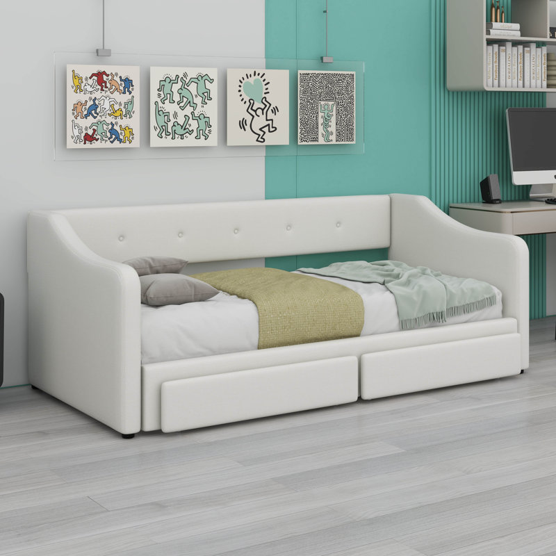Lit de jour simple très grand avec deux tiroirs, canapé-lit en lin pour enfants, adultes, Beige