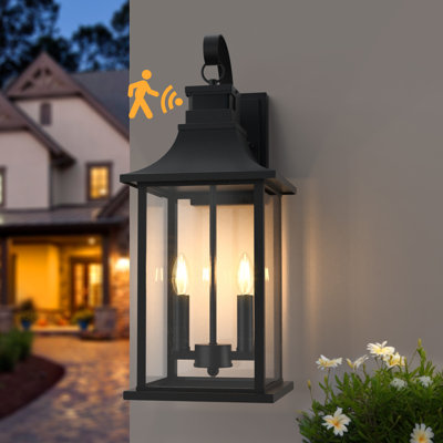 Dallas 2 - Light 19"H Black Iron Tempered glass Outdoor Wall Lantern with Dusk to Dawn and Motion Sensor