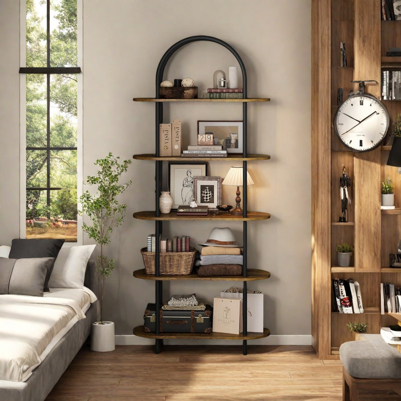 5 Tier Bookcase Arched Display Racks Tall Bookshelf Freestanding Open Storage Shelf, Black/Brown