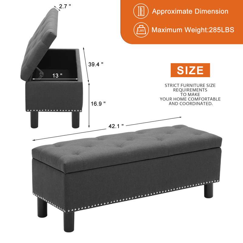 Canealus Linen Upholstered Storage Bench, Dark Grey