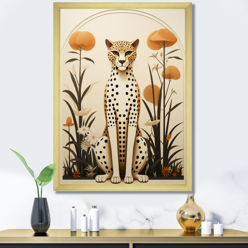 Guépard beige et vert du milieu du siècle - Art mural guépard, Cadre doré simple, H 32 po x l 24 po x P 1 po