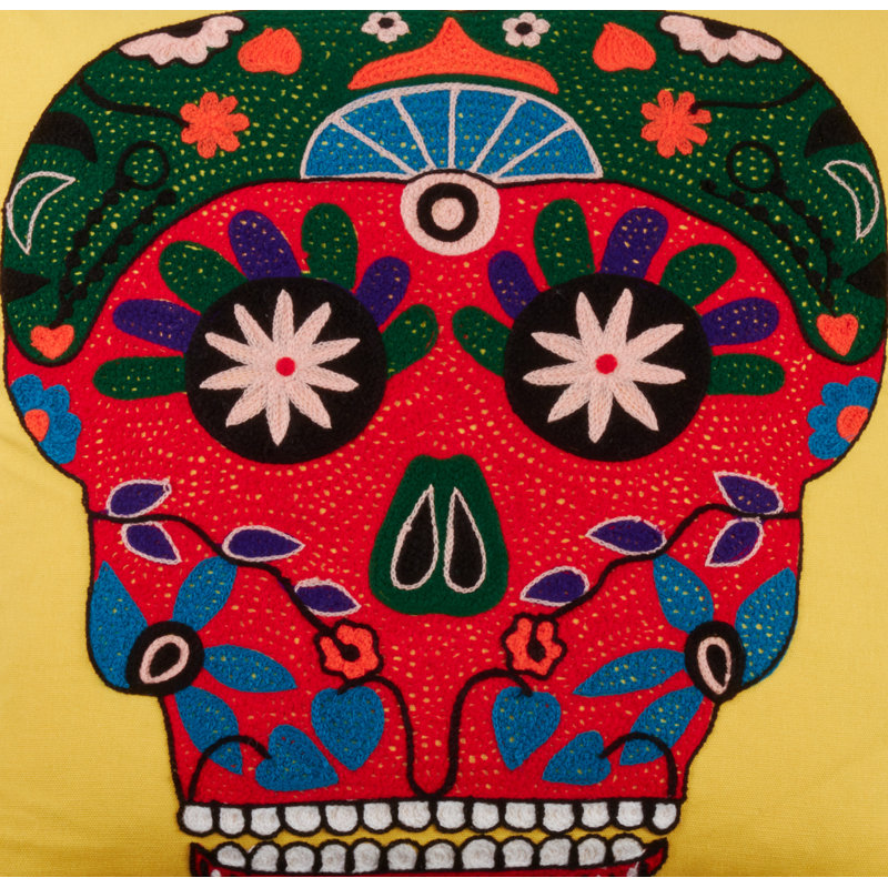 Yellow Cotton 18" Square Bright Sugar Skull Pillow