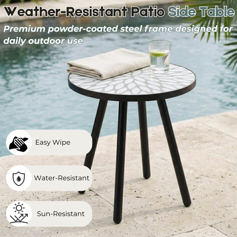 Laurel Mosaic 18.11" Round Cement Side Table With White Leaf Detail