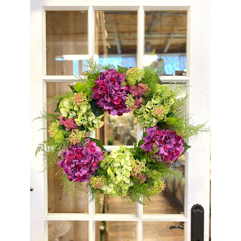 28" Assorted Hydrangea Wreath with Sedum and Fern Leaves