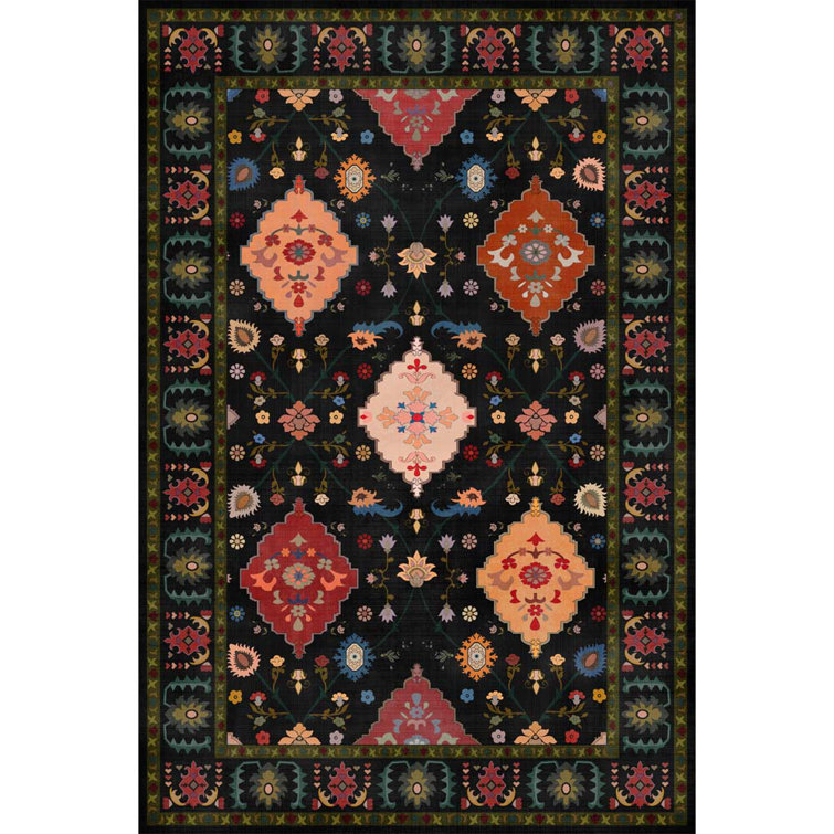 Indoor&Outdoor Washable Area Rug Black Gorgeous flowers Vintage Low Pile Rug for Living Room Bedroom Wedding Banquet