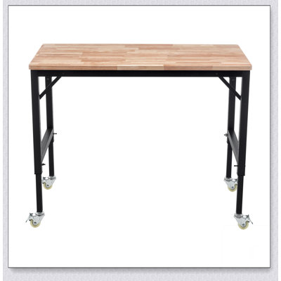 Établi robuste et réglable de 48 po pour le garage, table d'atelier en bois d'hévéa avec roues en métal, poste de travail en bois franc, capacité de poids de plus de 2 000 lb avec roues