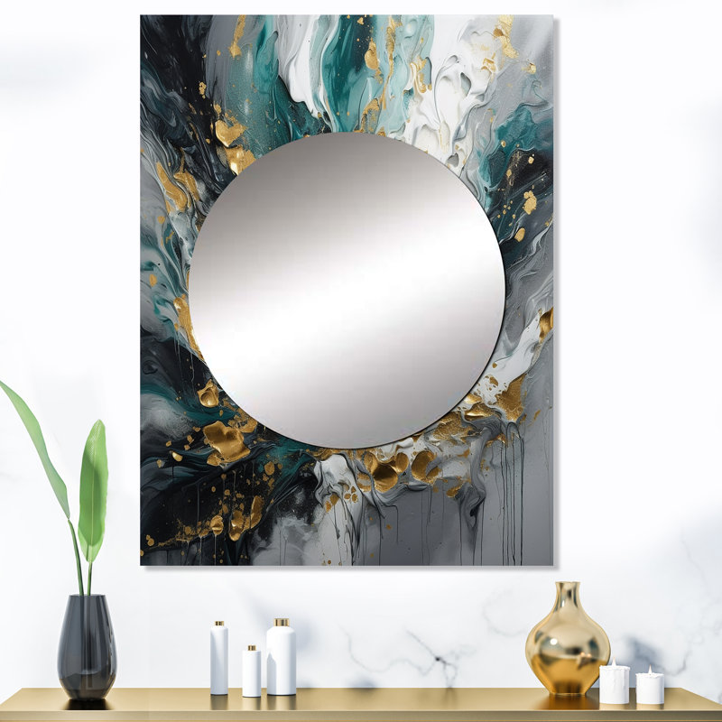 Ezrie or sarcelle encre sur pierre - miroir décoratif abstrait, miroir mural doré, impression d'art en métal, 40 po x 30 po