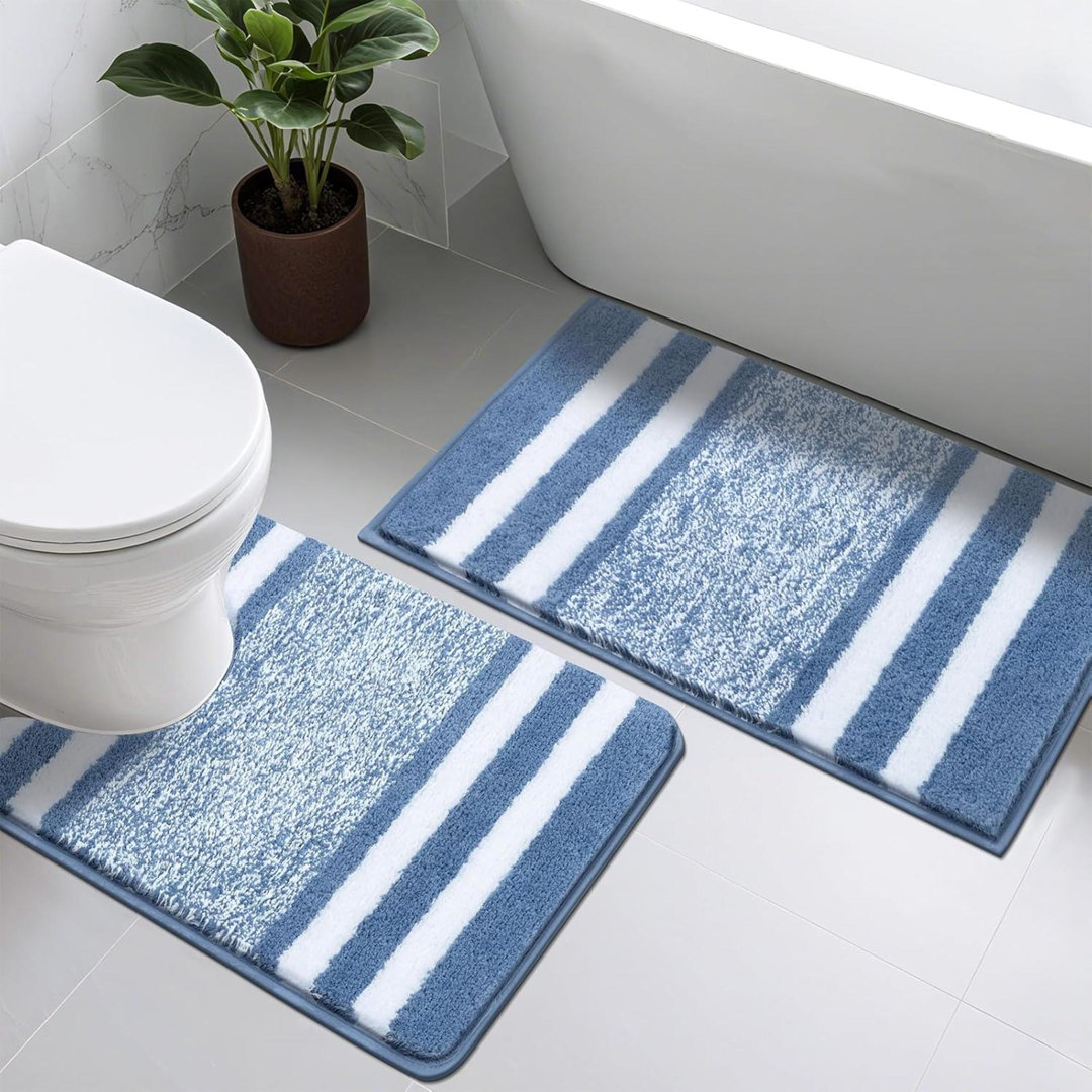 Soft Bathroom Mat Sets 2 Piece Water Absorbent Bath Mats And Toilet Mat Non Slip Machine Washable Bath And Pedestal Mat Sets, Blue