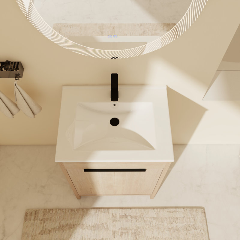 Meuble-lavabo sur pied simple 24,03 po avec comptoir en céramique, Chêne clair uni