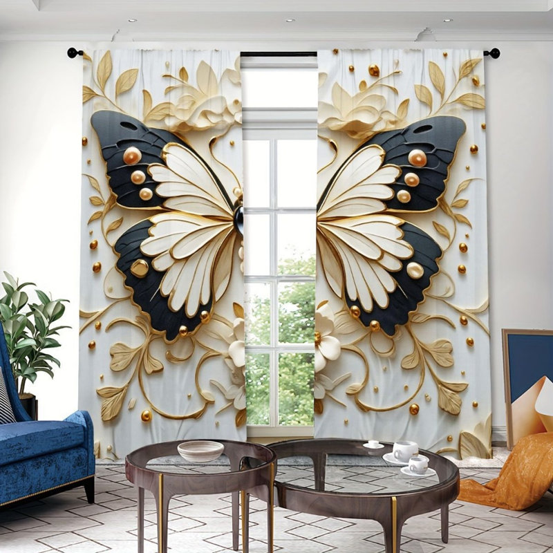 2Pcs Butterfly Pattern Curtains, Black Gold White Flowers, Rod Pocket Window Drapes, Luxurious Modern Style, Living Room Bedroom Study Window Decor