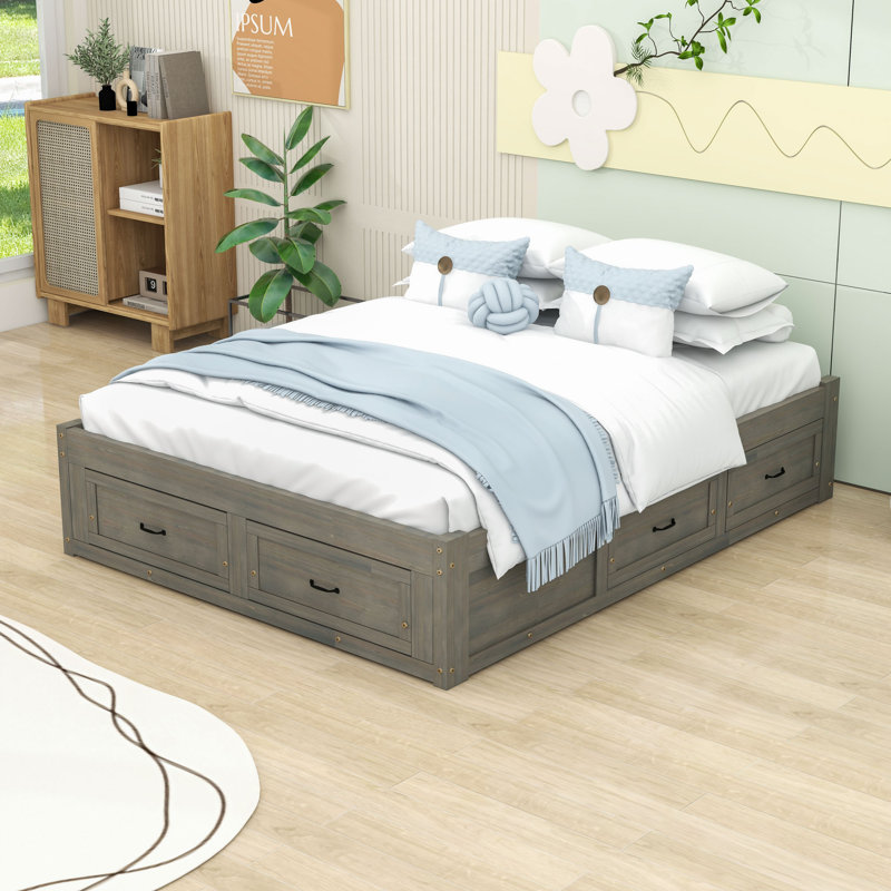 Lit plateforme en bois 6 tiroirs au design épuré, Gris antique, Grand