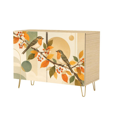Sideboard Buffet Cabinet with 2 Doors Charming Birds Branch Autumn Leaves Geometric Modern Accent Console Table Standing Wooden Storage Cupboard Credenza for Kitchen Dining Room Living Room Entryway Coffee Bar Station