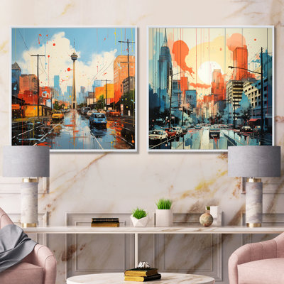 Paysage urbain d'Atlanta, coucher de soleil I - ensemble de salon d'art mural d'Atlanta, 2 pièces