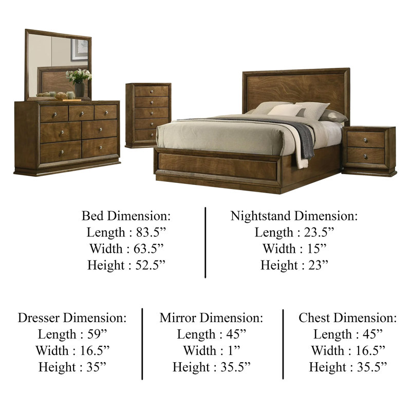 Ensemble de chambre avec grand lit 5 pièces Rouk, bois de noyer brun, bronze, grande commode
