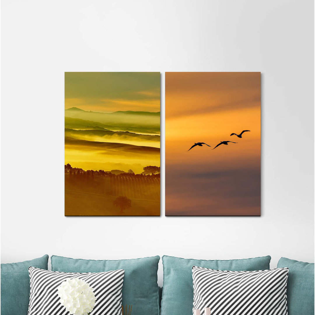 2-tlg. Leinwandbilder-Set - Grafikdruck „Sandy Beach Beach Path Wheat Cornfield Summer Sunset Relaxing”