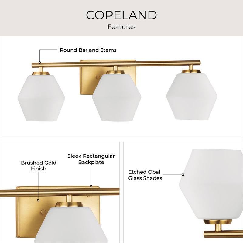 Copeland 3-Light Brushed Gold Vanity Light with Etched Opal Glass Shades, Brushed Gold