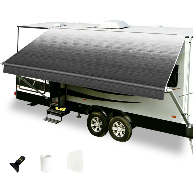 Remplacement de tissu pour auvent pour véhicule récréatif, écran pare-soleil robuste, abri imperméable et de protection contre les rayons UV pour les véhicules récréatifs, auvent extérieur universel avec sangle de traction pour remorque de camping-car, noir
