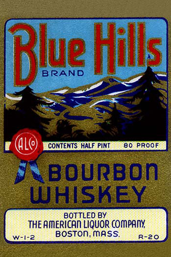 « blue hills bourbon whiskey », affiche rétro, H 42 po x l 28 po
