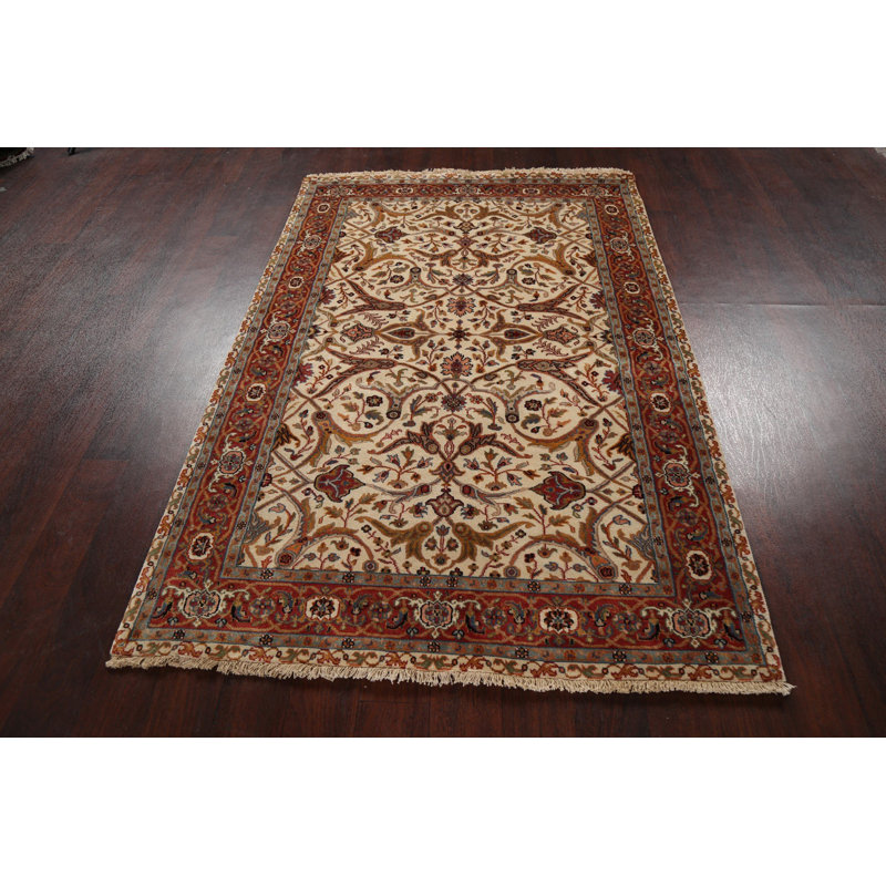 Tapis ivoire en laine noué à la main de conception unique 4 pi 1 po x 6 pi 1 po New Age