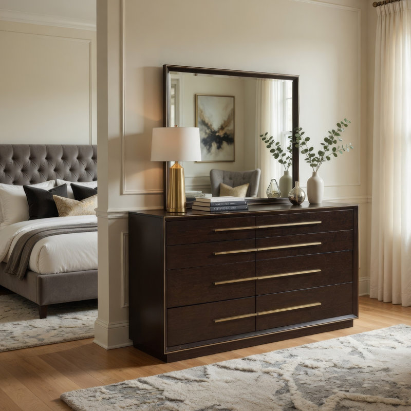 Grande commode avec miroir Lyni, 8 tiroirs, poignées en métal, gris chêne, Gris