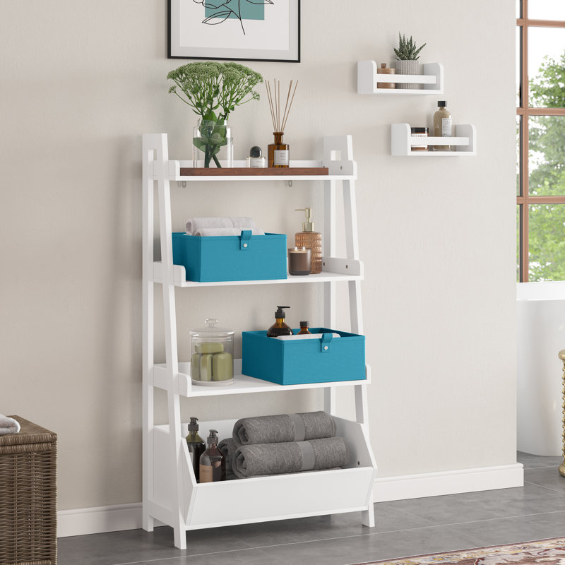 RiverRidge Amery 4-Tier 24in Ladder Shelf with Display Shelf and Storage Organizer Bin - White with 2 10" Floating Bookshelves