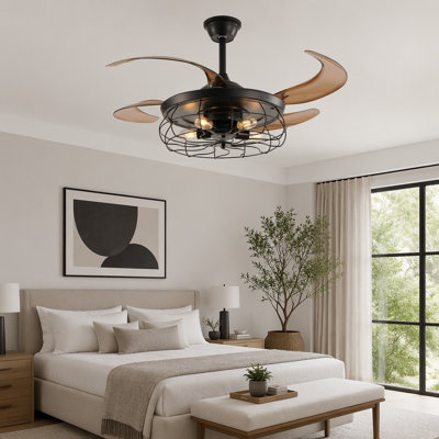 48'' Black Caged Ceiling Fan With Light And Remote, 6-Speed Quiet DC Motor, Industrial Farmhouse Style