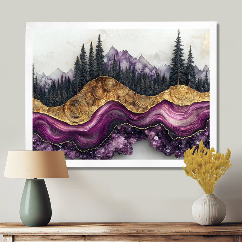 Forêt, rivière, améthyste, cristal I - forêt, art mural sur toile, H 12 po x l 20 po, Cadre simple, Blanc