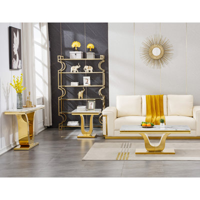 Ensemble de 3 tables basses en faux marbre, ensemble de table de salon moderne comprenant 1 table basse, 1 console et 1 table de bout pour le salon, plateau en faux marbre blanc avec structure en U en acier inoxydable