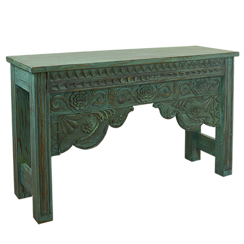 Hand Carved Turquoise Solid Wood Console Table