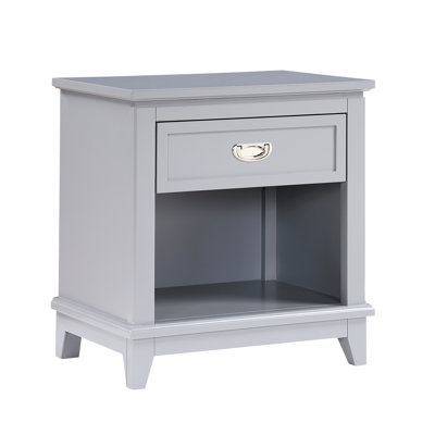 Table de chevet classique à finition grise pour chambre à coucher, 1 tiroir, tablette inférieure, glissières à roulement, sans assemblage, h 26 po avec tiroir et rangement dans la chambre du bas, poignées en nickel