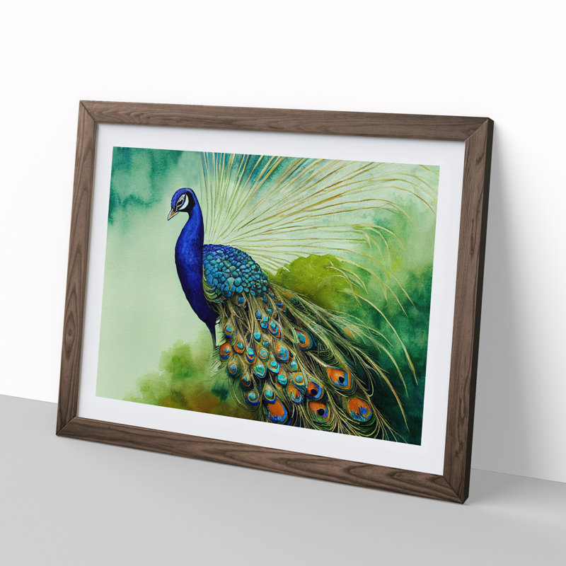 Watercolour Peacock - Single Picture Frame Print, Walnut Framed, 46cm H x 64cm W x 2cm D