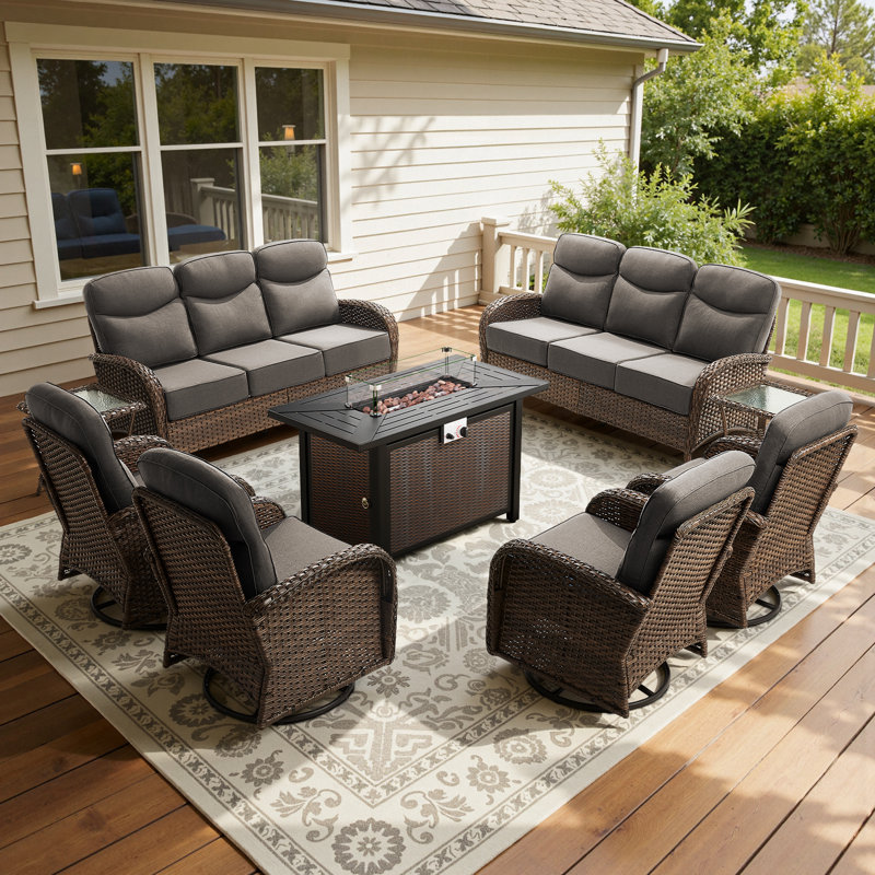 Ensemble de conversation 9 pièces avec chaises pivotantes et foyer extérieur 9 pièces, Gris, Brown
