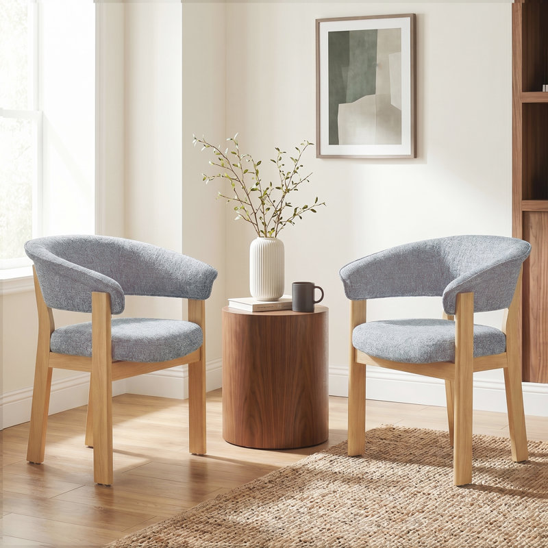 Chaise de salle à manger rembourrée avec accoudoirs tonneau, Natural Wood, Light Grey