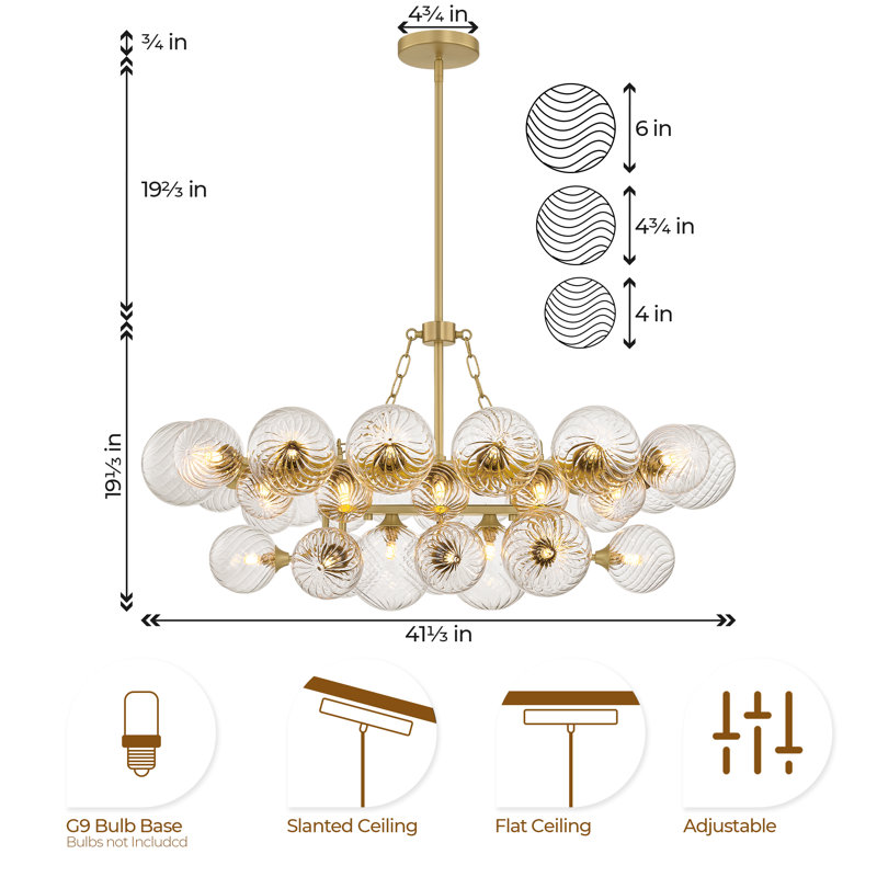 Lustre 12 lumières à globe en verre à intensité variable de 41 po de diamètre