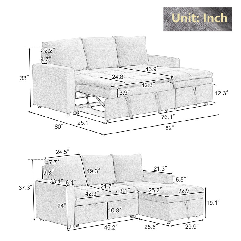 Upholstered Sleeper Sofa, Gray Polyester