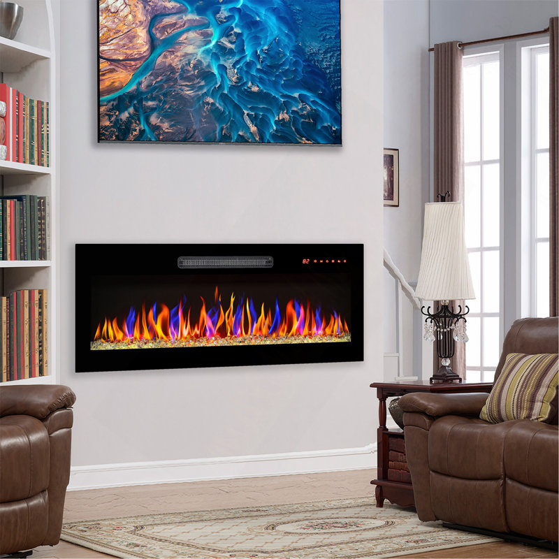Foyer électrique encastré à façade en verre trempé ultra-mince de 36 po avec télécommande, lit à flamme multicolore et braise, chaufferette à DEL