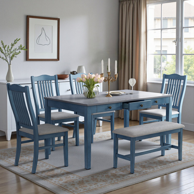 Bricia Rectangular 6 Piece Dining Set, Gray/Blue