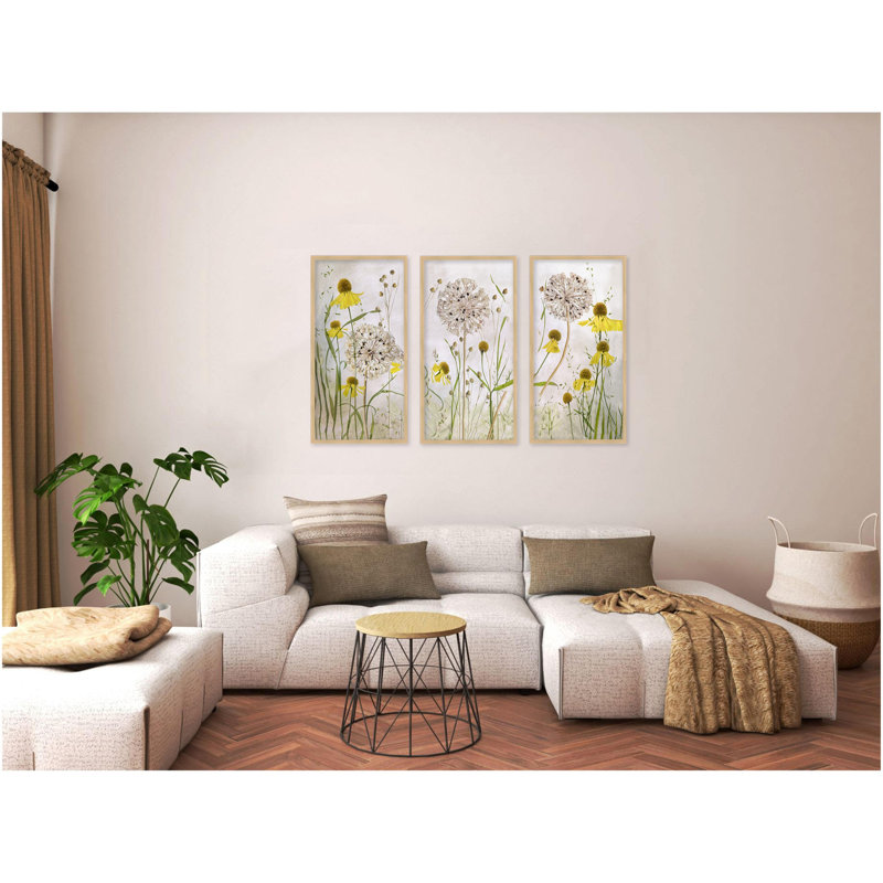 Alliums and Heleniums - 3 pièces sur toile, Toile naturelle avec cadre flottant, No Mat, H 40 po x l 60 po