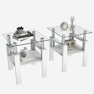 Ensemble de 2 tables à thé modernes en verre trempé, plateau en verre trempé avec panneau de fibres à densité moyenne, table basse, table de bout, table carrée pour le salon, transparent / blanc
