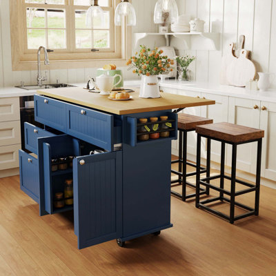 3PCS Sets Farmhouse Kitchen Island With 2 Stools, Drop Leaf,  Cabinet, Drawers, Door Shelves, Power Outlet