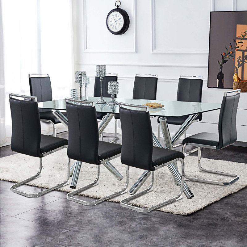 Rheese Modern Faux Leather Cantilever Dining Chairs with Metal Base and Top Handle, Black, Silver, 6