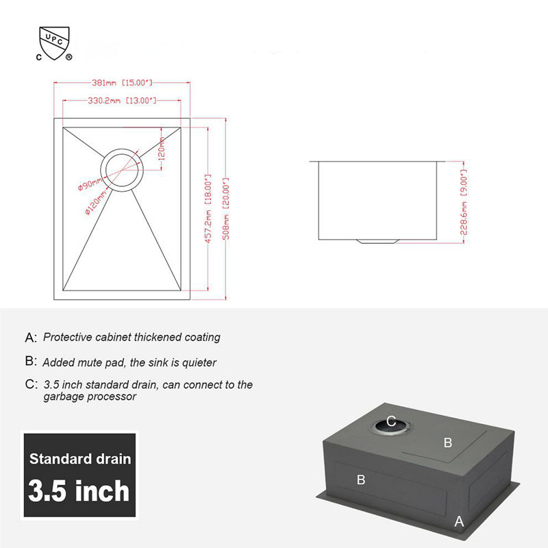 Évier de cuisine encastré 15 po - évier de cuisine encastrable 15 po x 20 po x 9 po en acier inoxydable de calibre 16