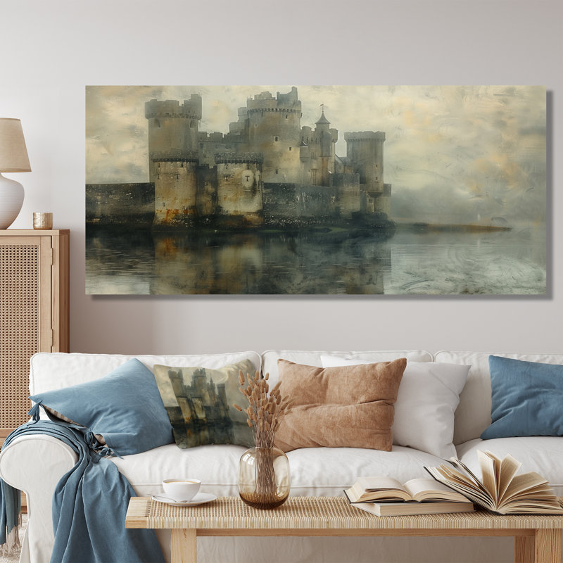 Impression d'art mural gris et beige, château d'hiver médiéval, H 28 po x l 60 po x P 1,5 po, Toile tendue