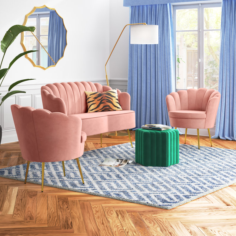 Hendrix Velvet Channel Tufted Living Room Set, Pink Velvet